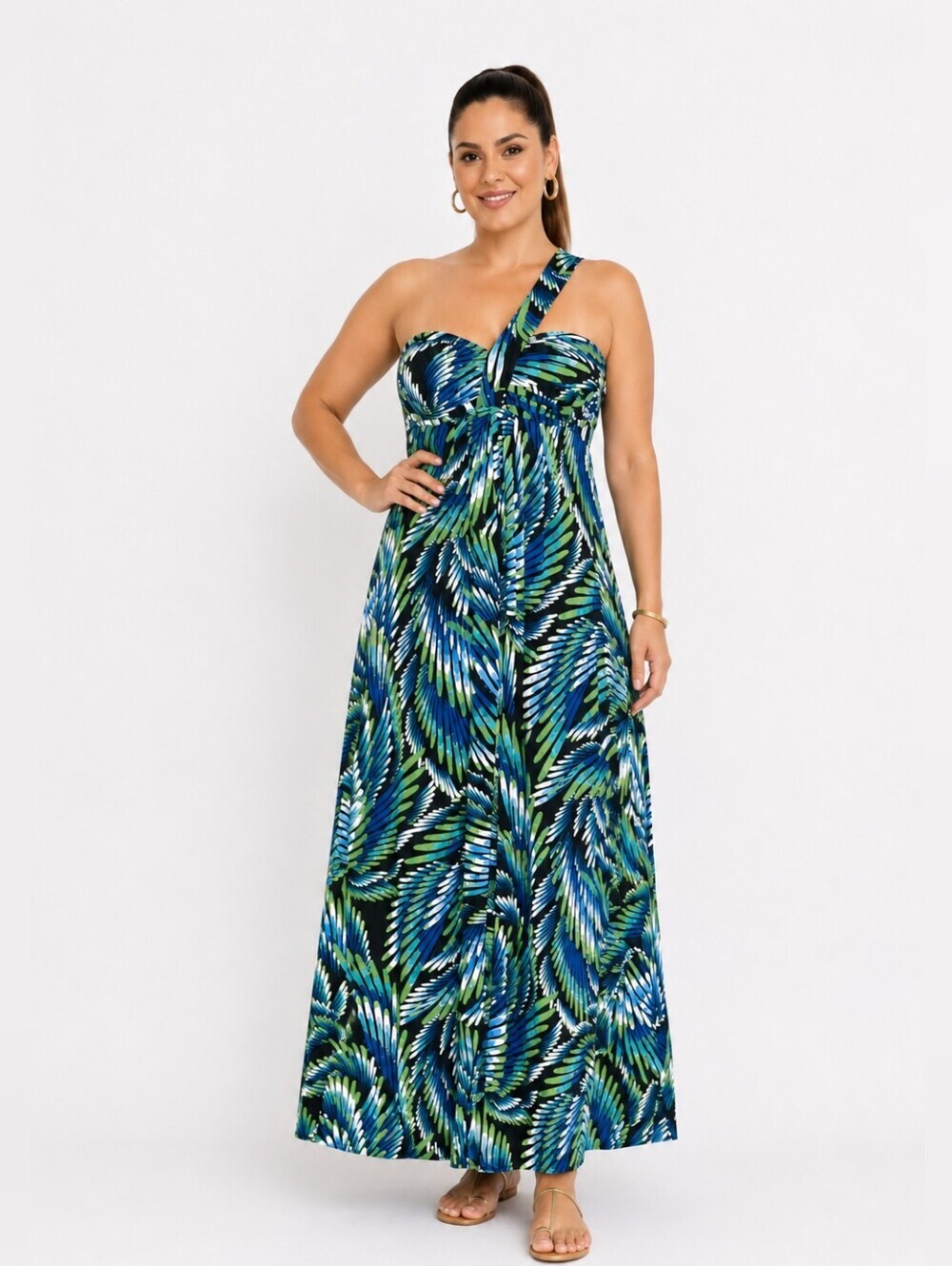 Bisou Bisou One-Shoulder Green & Blue Printed Maxi Dress. Size 10